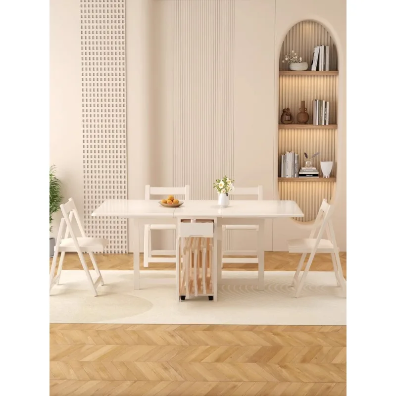 Cream-style all-solid wood dining table, foldable, mobile, modern, simple, small apartment, telescopic,