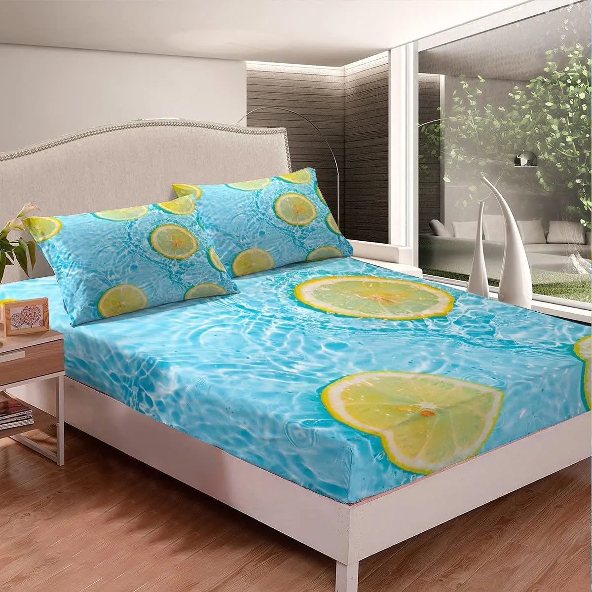 Lemon Fitted Sheet Fresh Fruit,Ocean Hawaii Vacation Summer Cool,king Twin Full Size Sheet Set,Blue Yellow Colourful Bedding Set