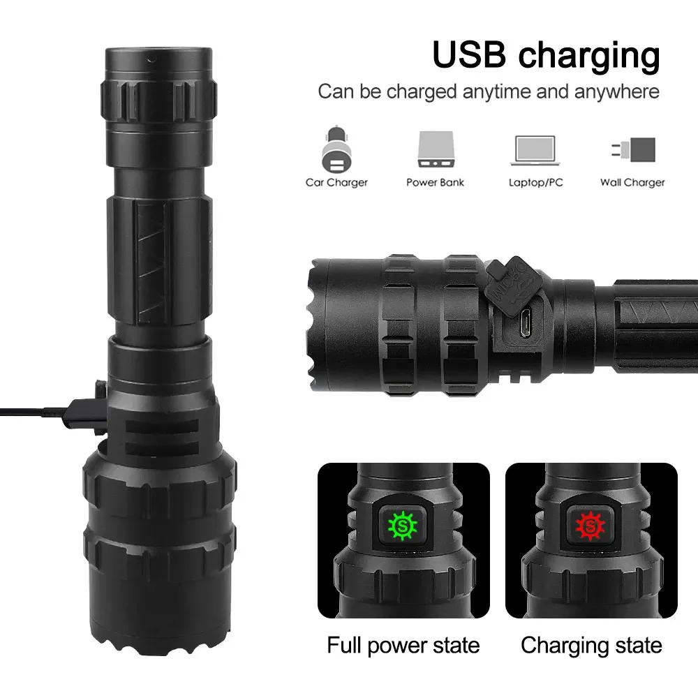 Professional 10W L2 LED Hunting Flashlight USB Rechargeable Tactical Torch 5 Mode Lantern+Rifle Scope Mount+Switch+18650+Charger