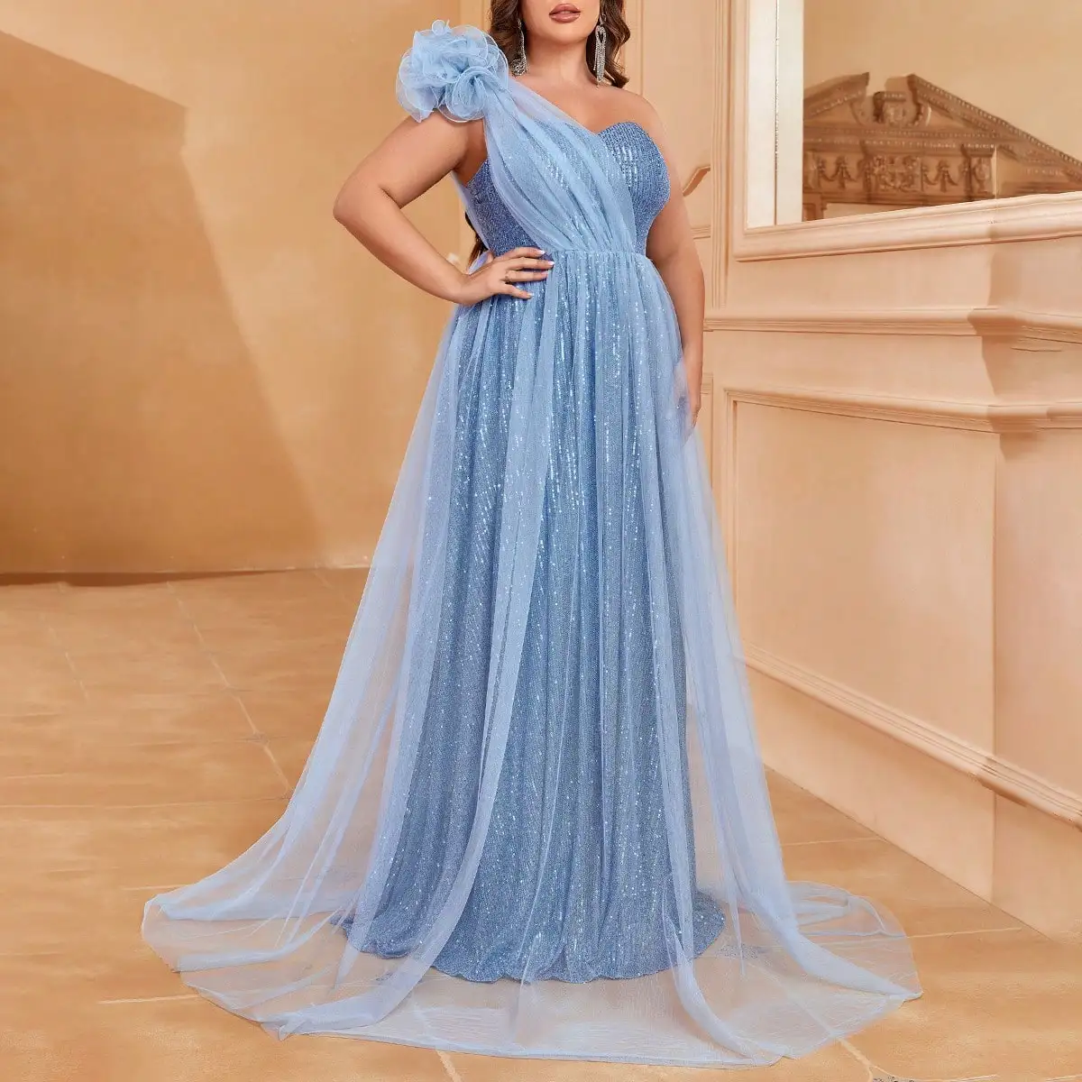 Plus One Shoulder Stereo Flower Mesh Overlay Sequin Formal Dress