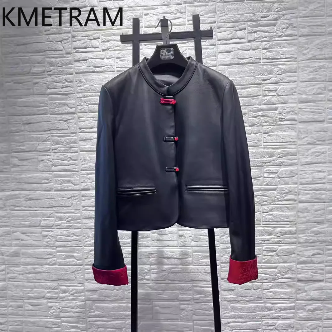 

KMETRAM Genuine Sheepskin Leather Jacket Woman Chinese Style Short Coat Fashion O-Neck Jackets 2026 Fall Women Clothing jaqueta