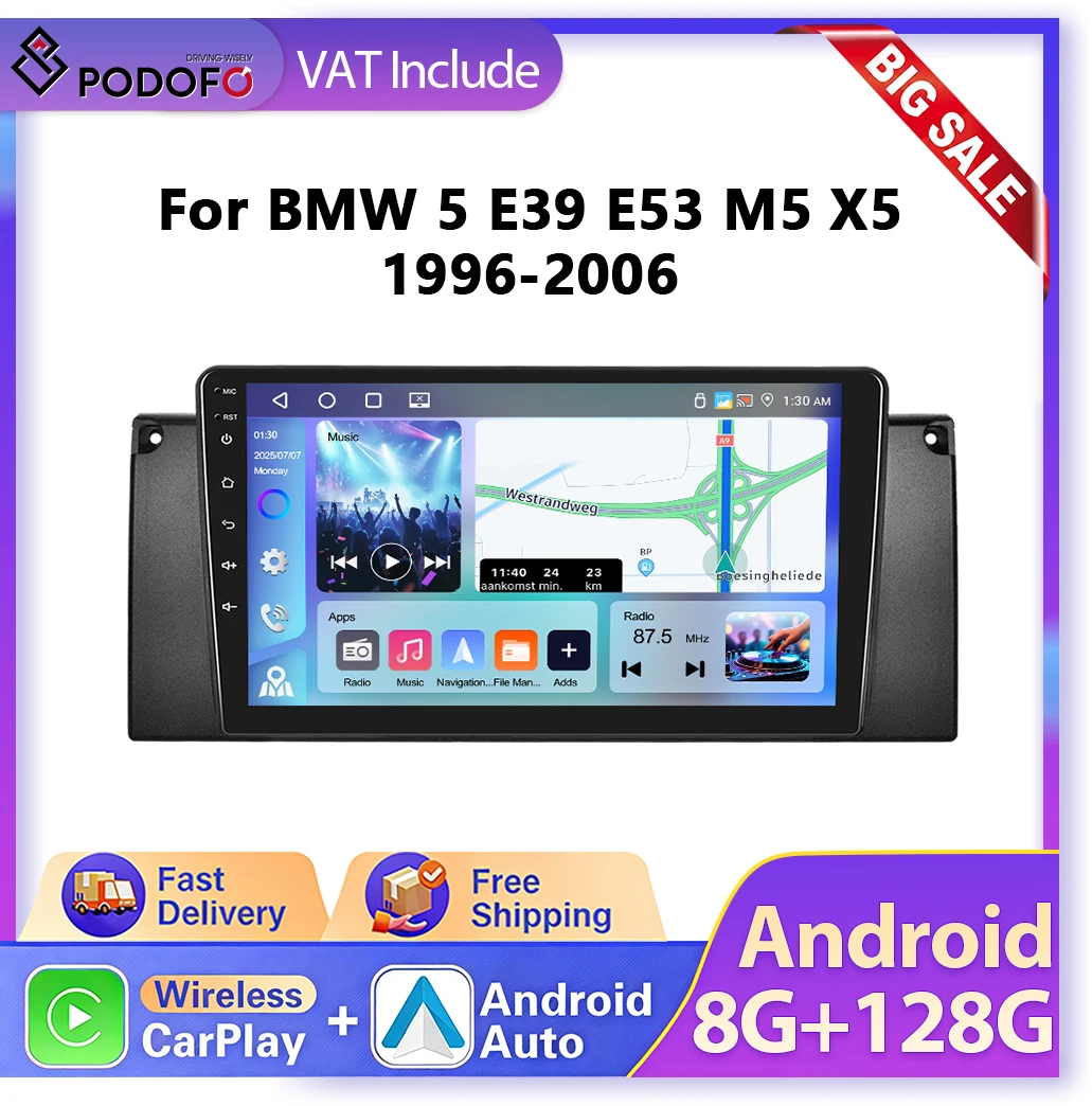 Autoradio Android 2DIN da 9" Podofo con CarPlay, lettore multimediale video per BMW 5 E39 E53 X5 1995-2006, stereo GPS, 4G, WIFI, supporto SWC, BT, FM, RDS, amplificatore subwoofer, telecamera