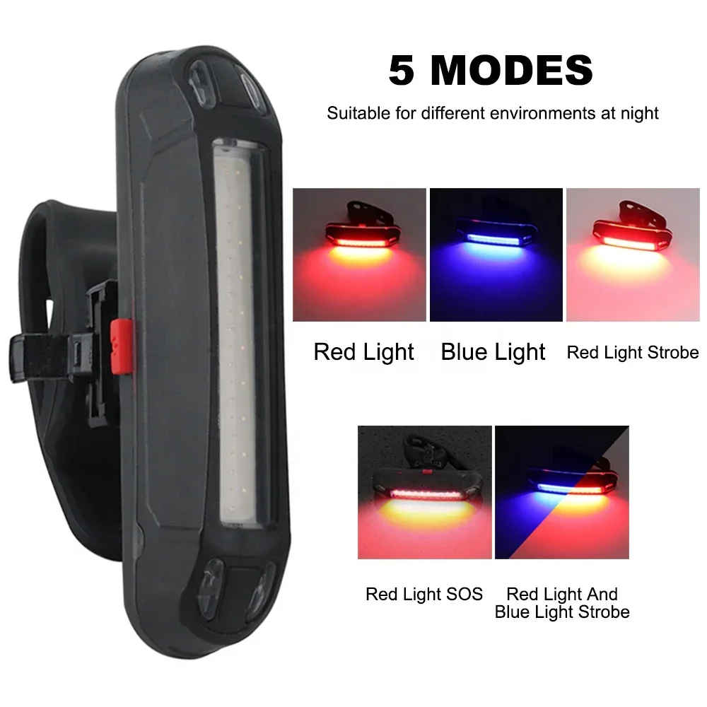 cob led bike tail light Waterproof usb Red Blue Light Rechargeable 5 modes Bike bicycle back rear Light