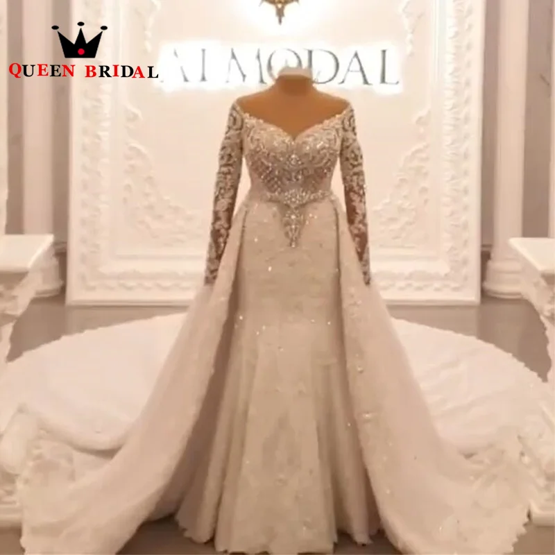 

Exquisite Long Sleeve Crystal Wedding Dresses New Sequined Beading V Neck Mermaid Bridal Gown Vestidos De Novia Custom Y75H