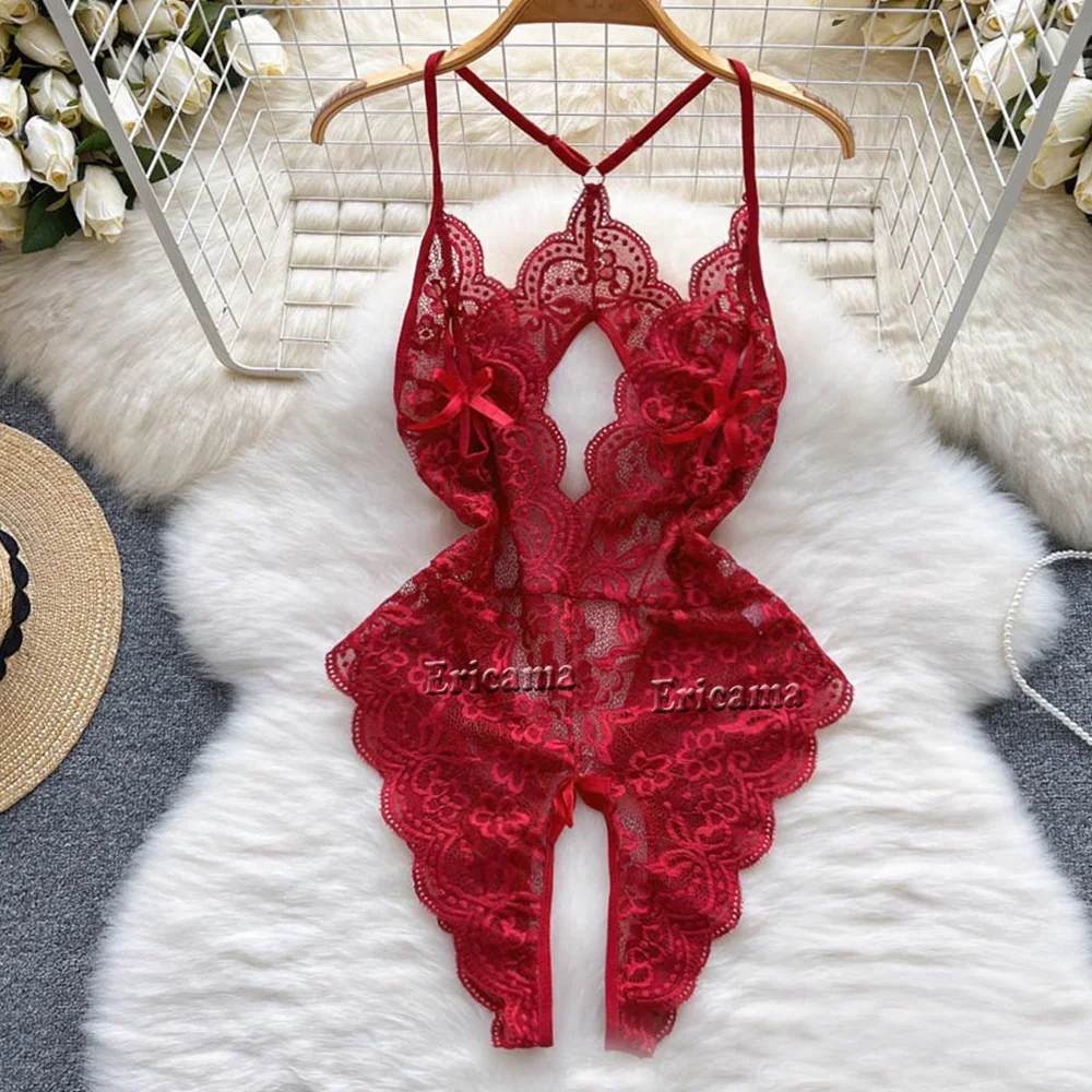 Sexy Lingerie Lace Transparent One Piece Bodysuit For Women Hollow Out Underwear Lace Up Teddy Erotic Lingerie Babydoll Leotards