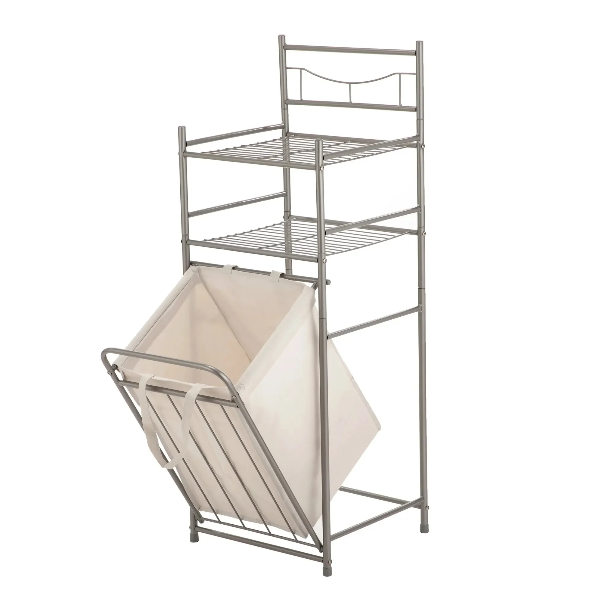 

Satin Nickel 2-Shelf Bathroom Storage Tower with Removable Hamper