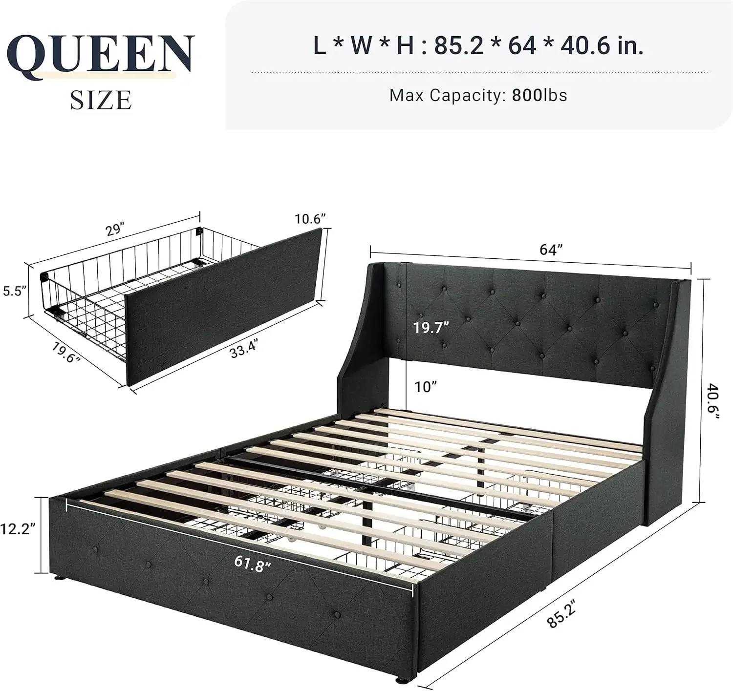 Queen Bed Frame with 4 Storage Drawers and Headboard, Button Tufted Design, No Box Spring Needed, Dark Grey