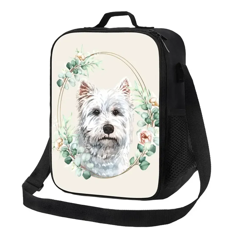 

West Highland White Terrier Dog In Floral Gold Wreath Insulated Lunch Bag Westie Pet Lover Cooler Thermal Bento Box Beach Travel