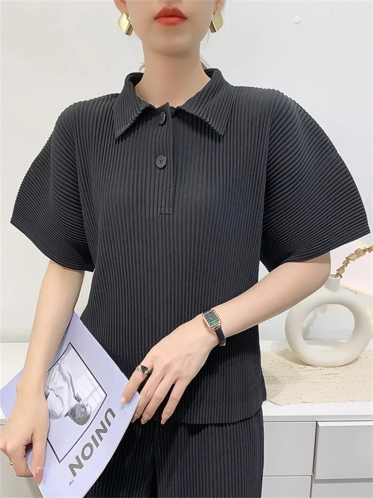 Wykałaczka ALSEY Miyake plisowana koszulka kobiet wiosna lato nowy koreański styl swobodny prosta w jednolitym kolorze wygodna koszulka Polo t-Shirt