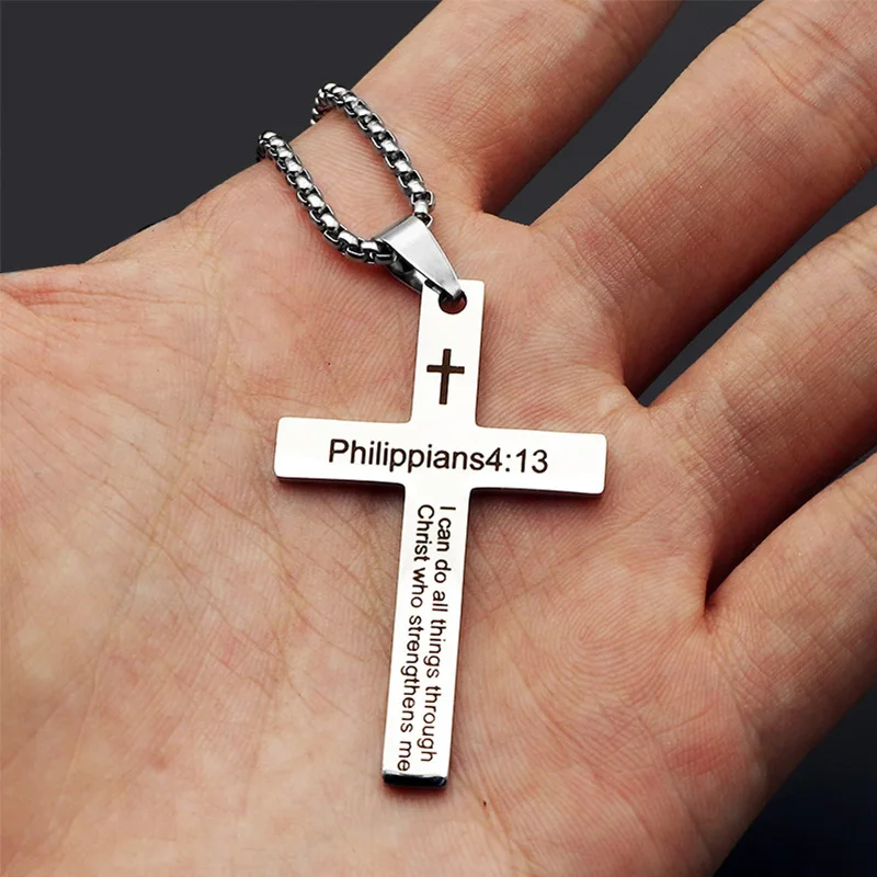 Stainless Steel Philippians 4:13 Men\'s Simple Cross Pendant Necklace Religious Talisman Jewelry Men and Women