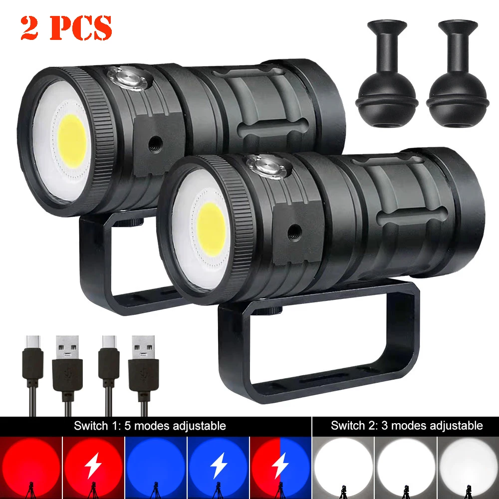 Professionele LED Zaklamp Duiken 18000LM COB Tactische Zaklamp IPX8 Waterdichte Glare Video Camera Licht Wit Blauw Rood Invullicht