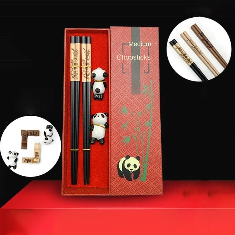 

Chinese Chopsticks Handmade Tableware Eco-Friendly 2 Pair Cutlery Non-slip Panda Chopsticks Gift Natural Wooden Dinnerware Set