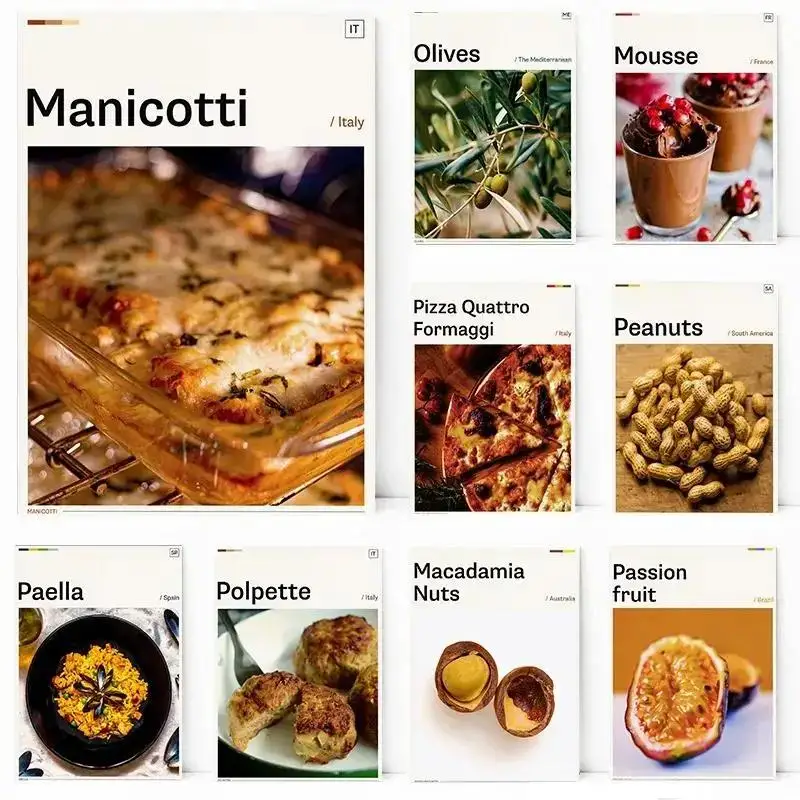 Lienzo De comida Gourmet para pared, arte De Mousse, aceitunas, Paella, cacahuetes, Pizza, Polpette, decoración perfecta para sala De estar, dormitorio, cocina, hogar