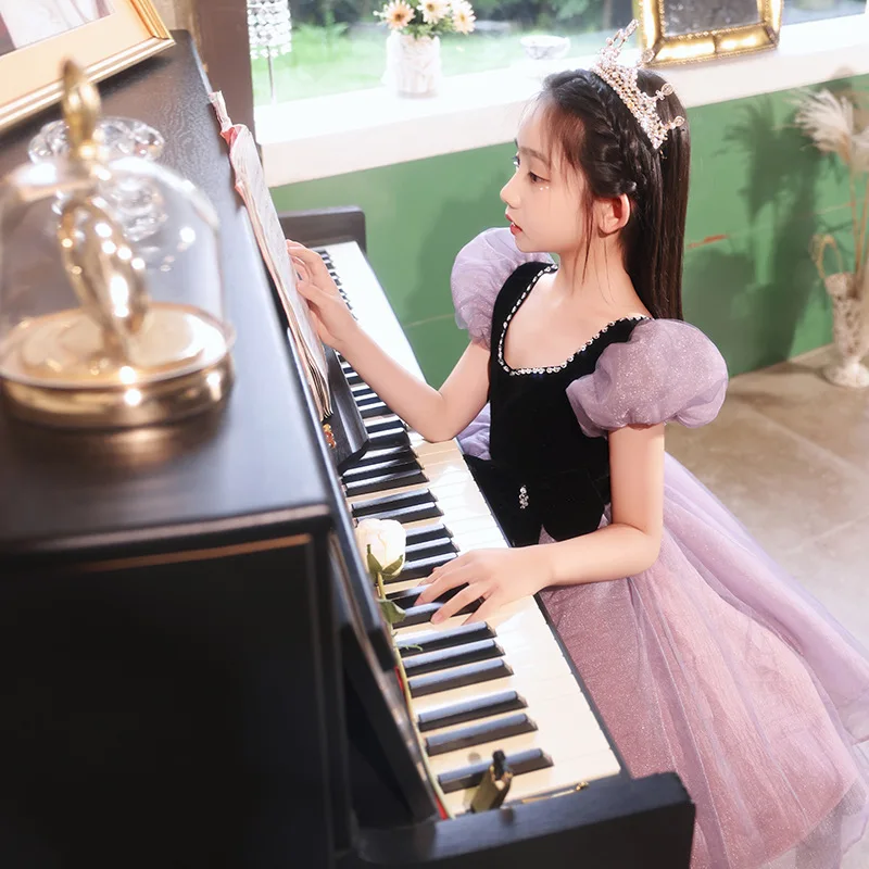 Girls Evening Dresses New 2025 Purple Flower Girl Wedding Birthday Short Square Neck Tutu Party Performance Dress Customized