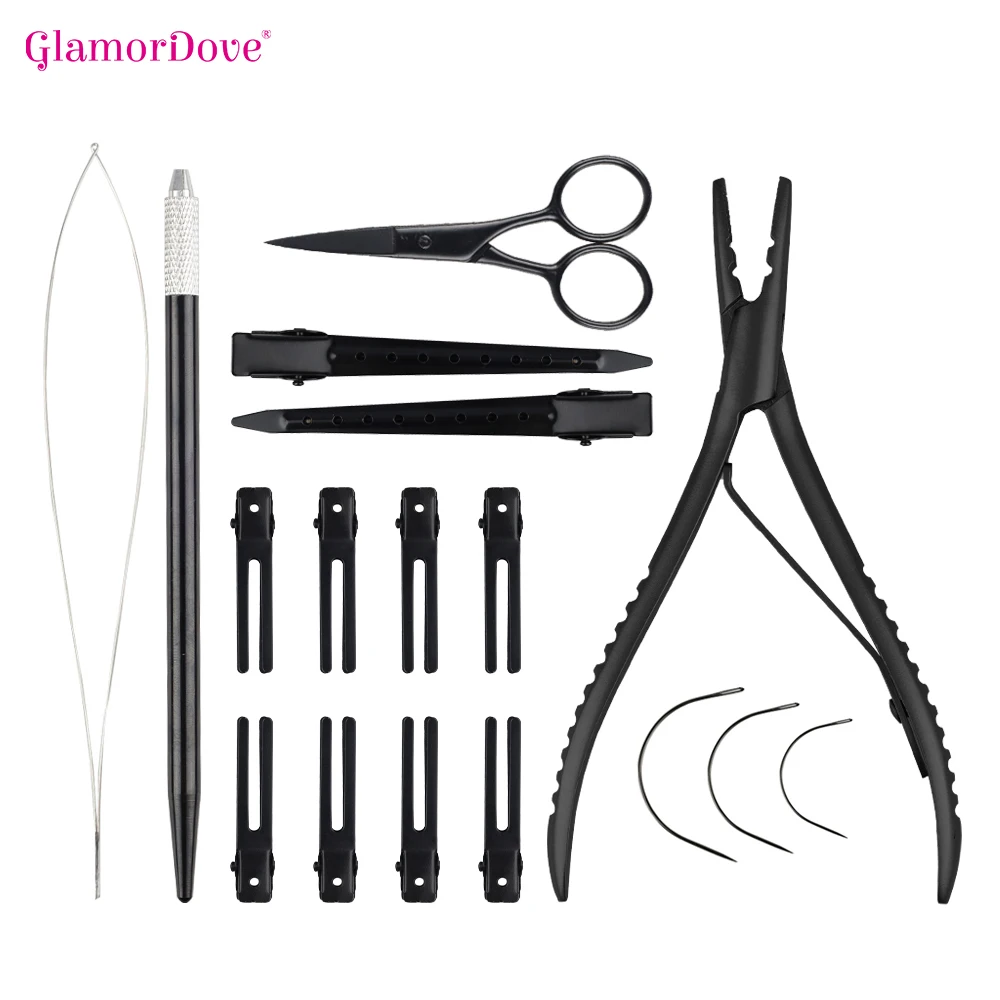 

GlamorDove Hair Extension Pliers Kit 2 holes Beading Pliers and Metal Hair Clips Micro Ring Needle Pulling Hook Hair Threader