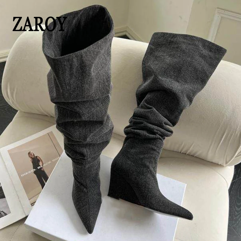 ZAROY Hot Girl Knight Long Boots Winter Stretch Denim Knee-high Boots Cozy Slip On Point Toe Wedge High Heels Sexy Long Booties