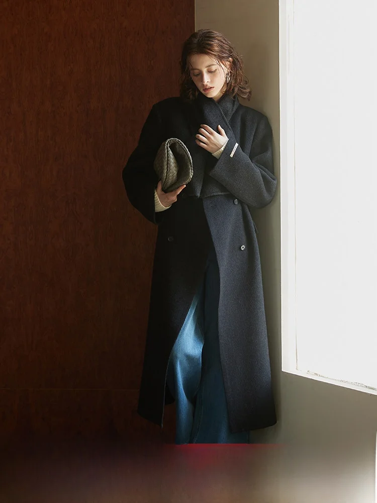 

Detachable Scarf Long Double-Faced Woolen Coat for Women Autumn Winter High-End Feeling 00% Woolen Material Ladies Outerwear