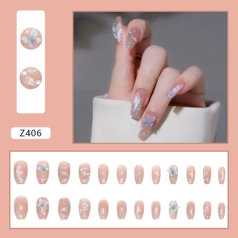 24 Stuks 3d Vlinder Blauw Kristal Strass Kunstmatige Vierkante Stick-On Nagels Kunst Lange Valse Nagels Druk Op Acyrlic Nep Nagels Set