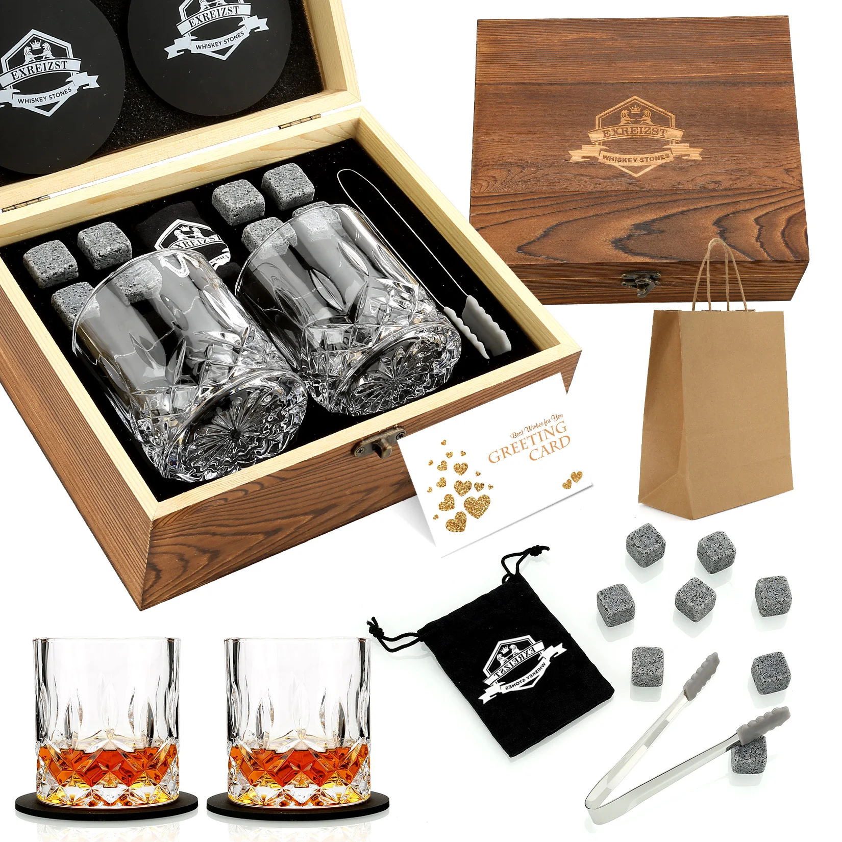 Juego de piedras y vasos de Whisky, cubo de hielo de granito para Whisky, rocas enfriadoras de Whisky en caja de madera, el mejor regalo para papá,