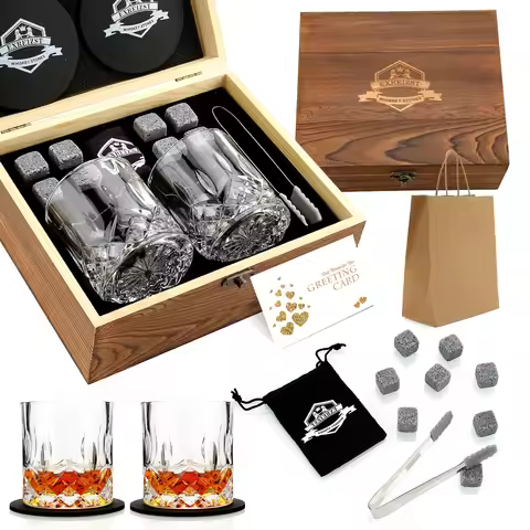 Whiskey Stones &amp; Glasses Set, Granite Ice Cube For Whisky, Whisky Chilling Rocks In Wooden Box, Best Gift For Dad Husband Men