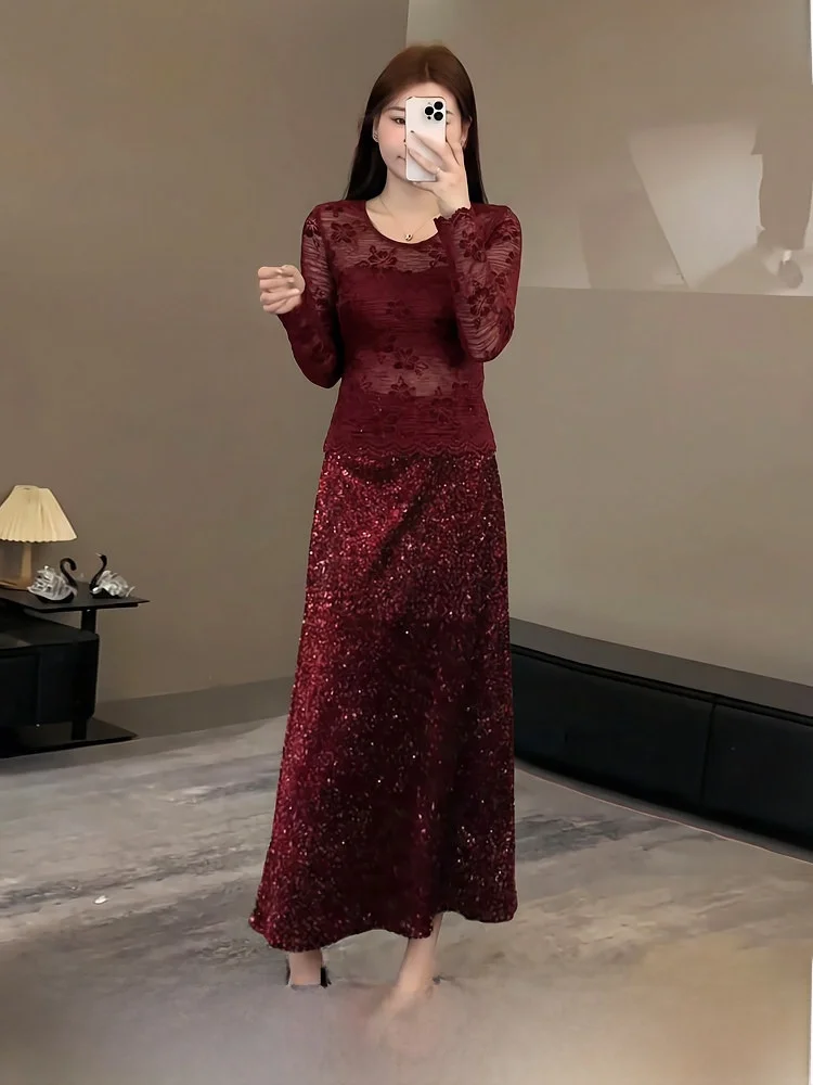 

Красное кружевное нижнее белье, базовая юбка с пайетками, длинная юбка, зимний наряд больших размеров для женщин, новогодний комплект с цветочным принтом, утепленный, из двух частей.