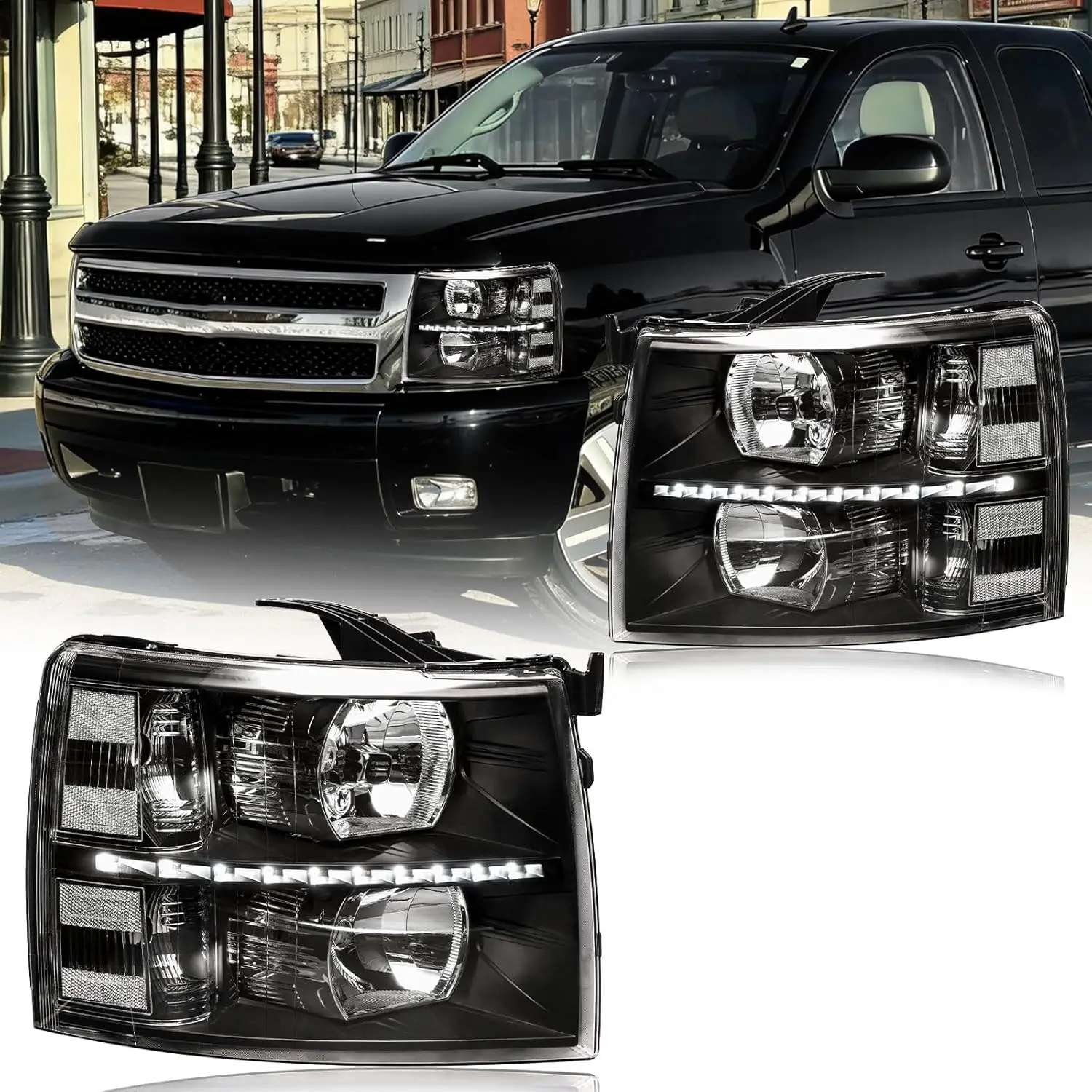 Clear Reflector Black Housing LED Headlight Assembly Compatible with 2007-2013 Chevy Silverado 1500, 2007-2014 Silverado 2500HD