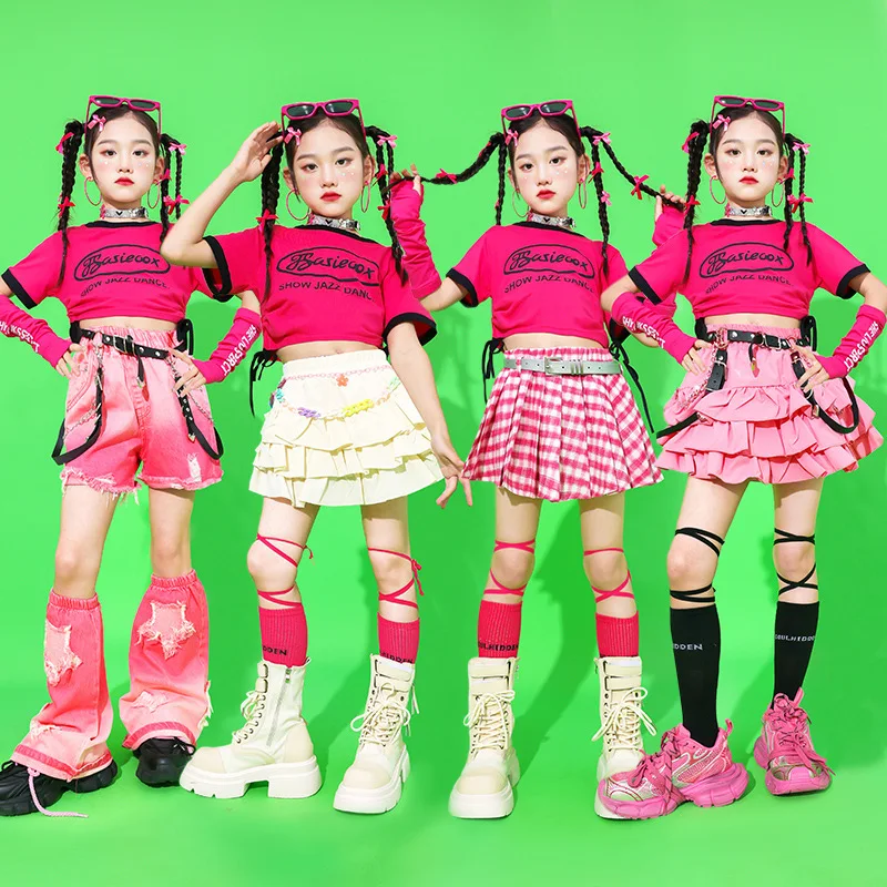 Mädchen Schöne Street Hip Hop Crop Top Silber Tiered Röcke Kind Gedruckt T-shirt Kleidung Sets Kinder Street Dance Jazz Kostüme