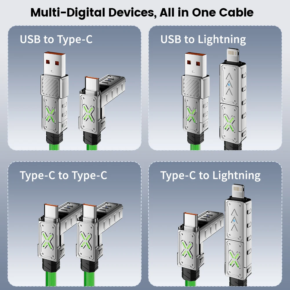 PD240W 2-in-2 Mobile phone fast charging data cable with breathing light For iPhone15 16 Huawei Xiaomi