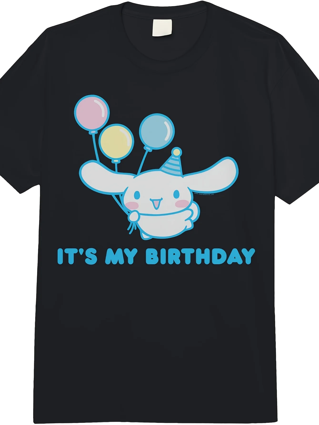 

Sanlio Cinnamon Birthday T-shirt - Men's and Women's Round Neck T-shirt, Black with Blue Balloon and Party Hat Design,