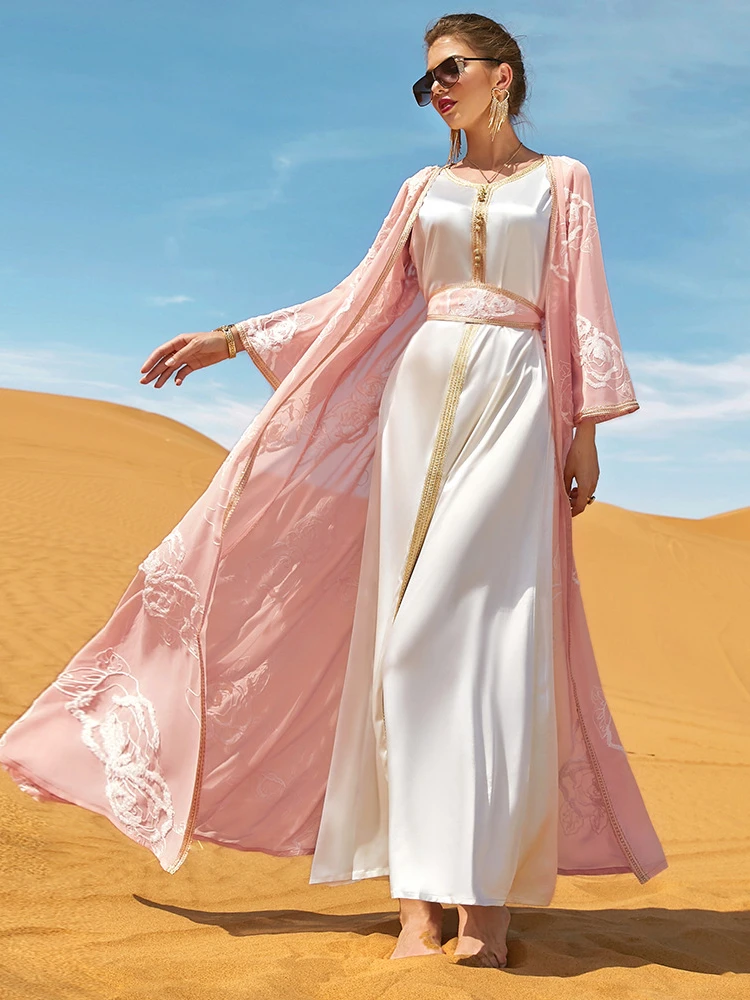 Morocco Party Dress for Women Muslim Two Piece Suit Inner Dress & Abaya Embroidery Flowers Ramadan Caftan Kaftan Vestidos Eid