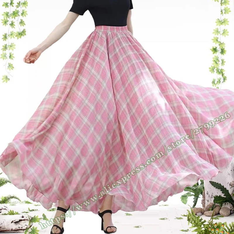 2025 Summer Pink Checkered Chiffon Women's Long Skirt