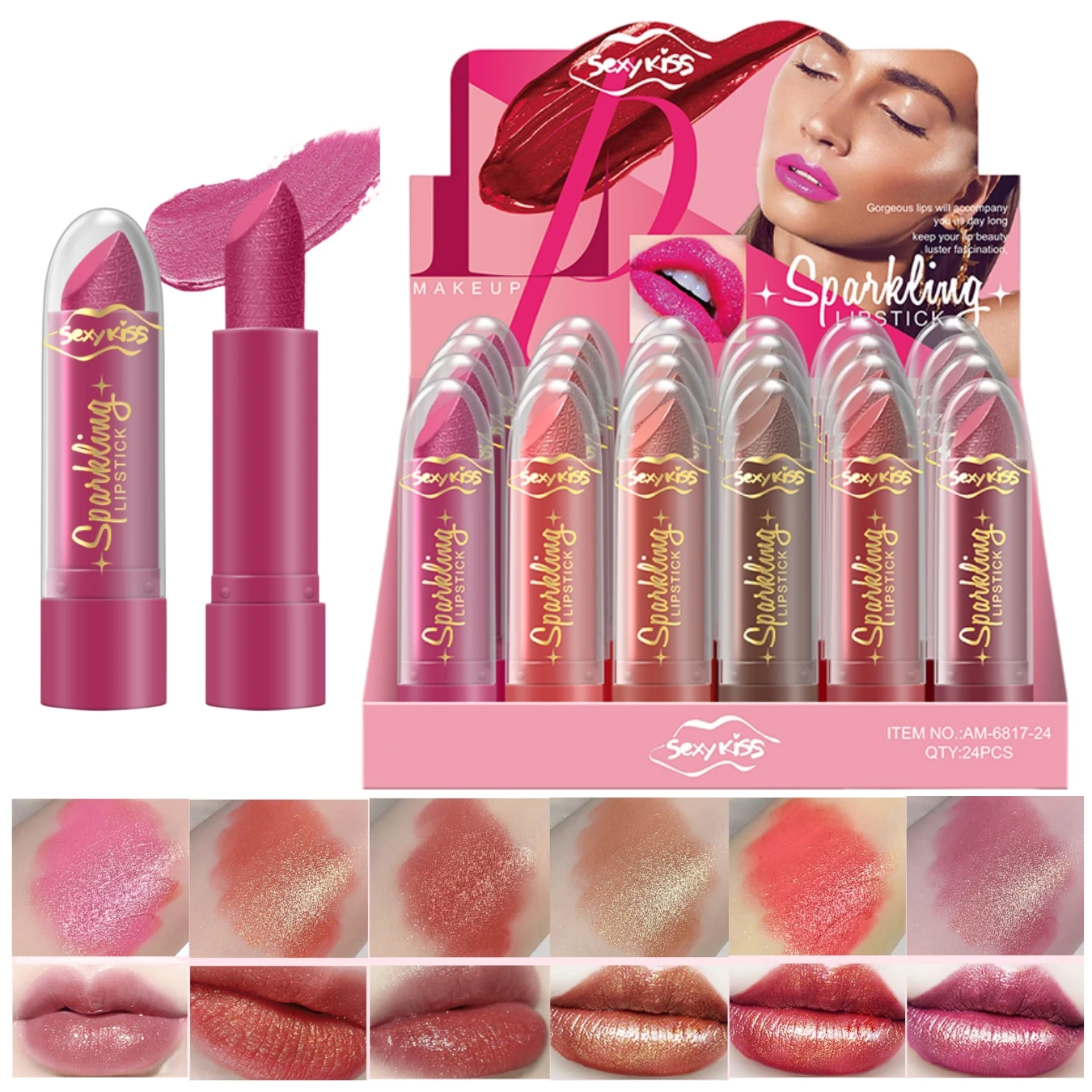 Conjunto de batom 24 peças/caixa, hidratante metálico 3D, brilho labial de alto impacto, brilho labial completo, presente de dia dos namorados