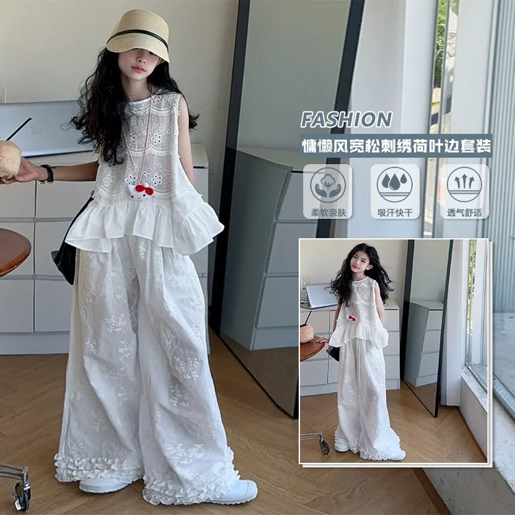 French summer teen girls ruffle edge hollow out clothes set vest tops+casual wide leg pants 2pcs junior kids suit child outfits