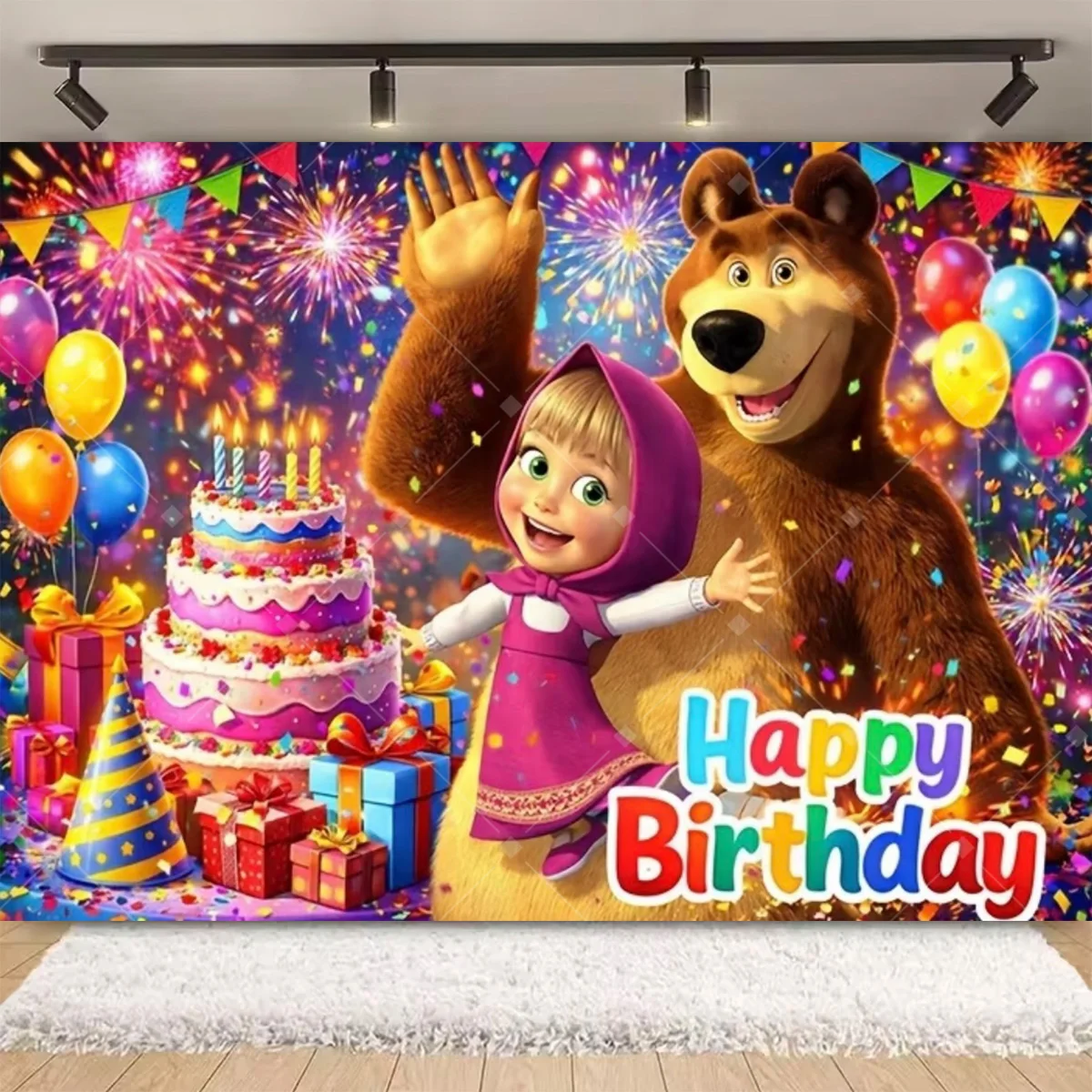Mädchen und Bär Geburtstagsparty-Hintergrund Bunter Wald Ballon Kuchen Foto-Banner Kinder Geburtstagsfeier Dekoration Fotokulisse Requisiten – Detail 9