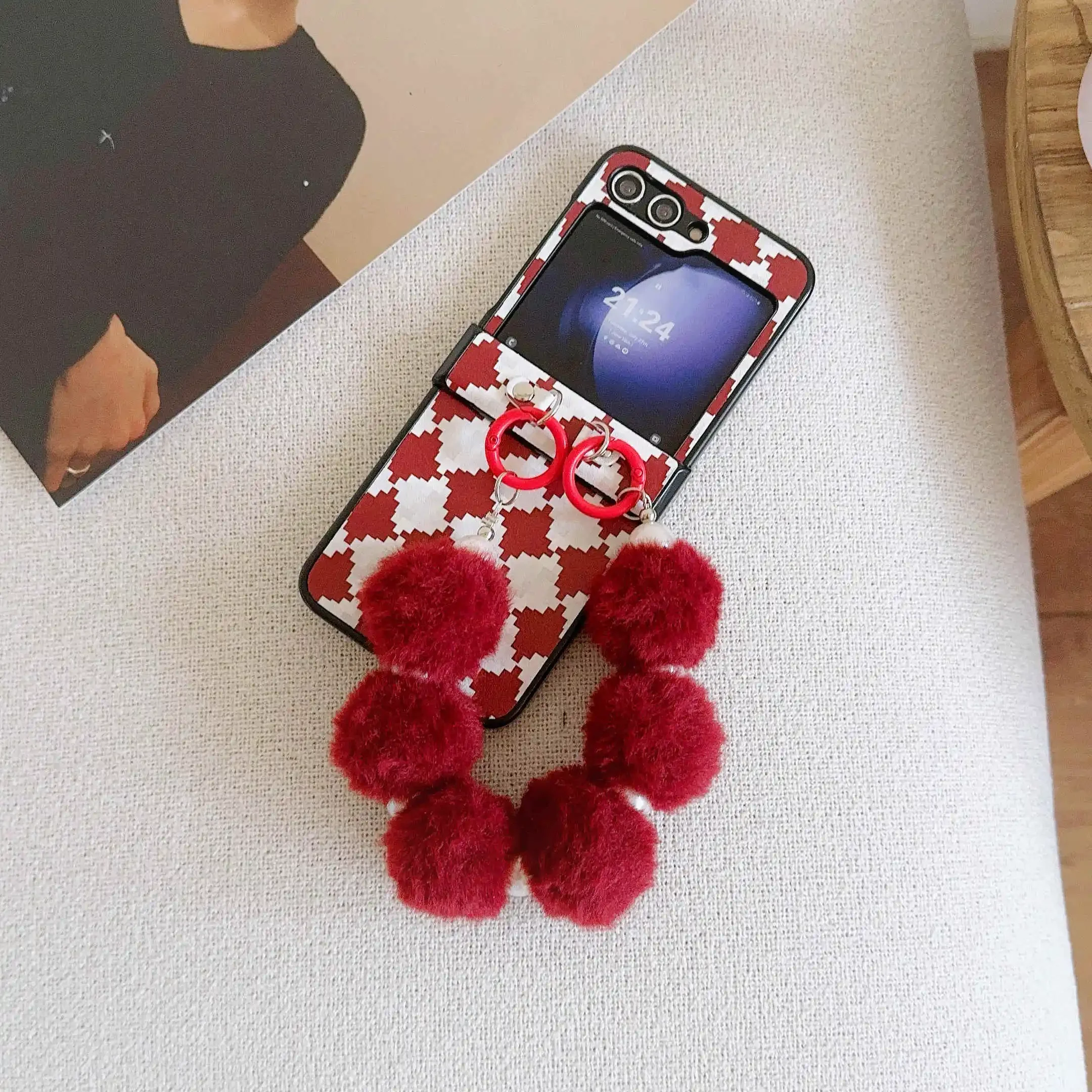 Wrist Strap Cute Bobbles PU Leather Phone Case for Samsung Galaxy Z Flip 6 5 4 3 5G Hinge Protection Shockproof Cover