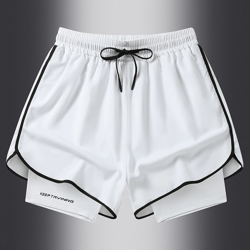 Summer Men's Elastic High Waisted Patchwork Bandage Solid Drawstring Pockets Casual Sports Loose Trousers Preppy Style Shorts