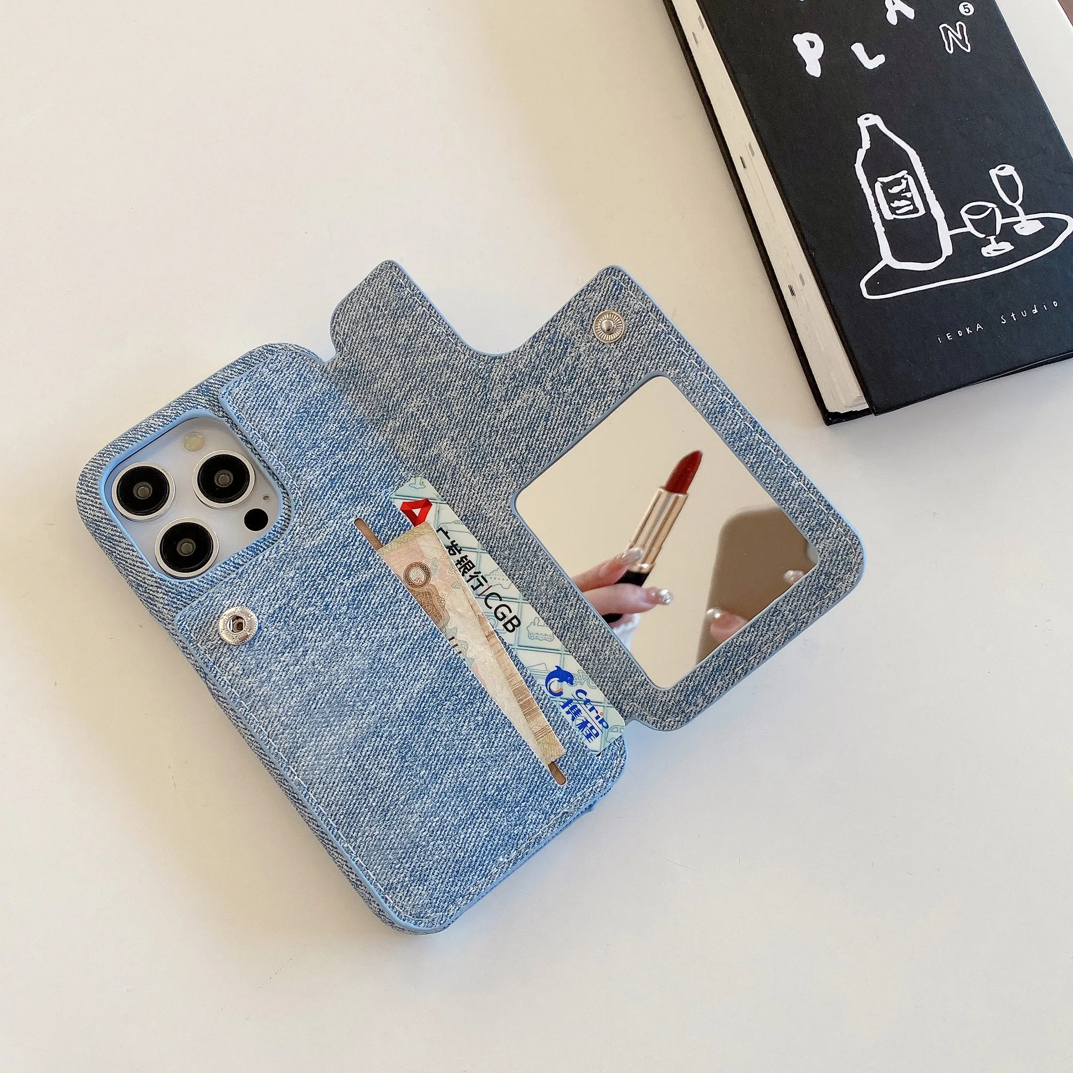 Zipper Cards Solt Wallet Denim Case for IPhone 15 Pro Max 14 Plus 13 12 Mini 11 6 7 8 SE 2022 Makeup Mirror Bag Pocket Cover