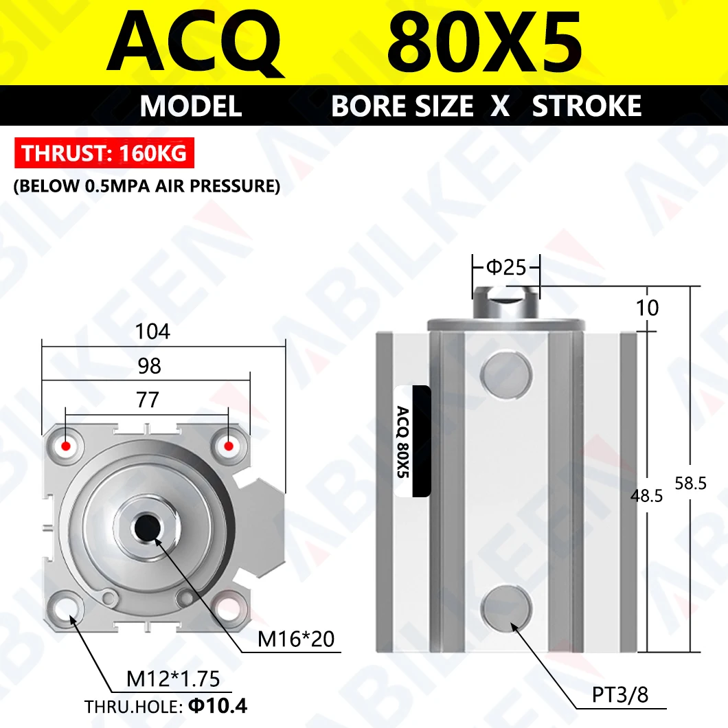 ABILKEEN ACQ Series Dual Action Thin Air Cylinder 80MM Bore Size X5/10/15/20/25/30/35/40/45/50/60/70/75/80/100MM Stroke Cylinder
