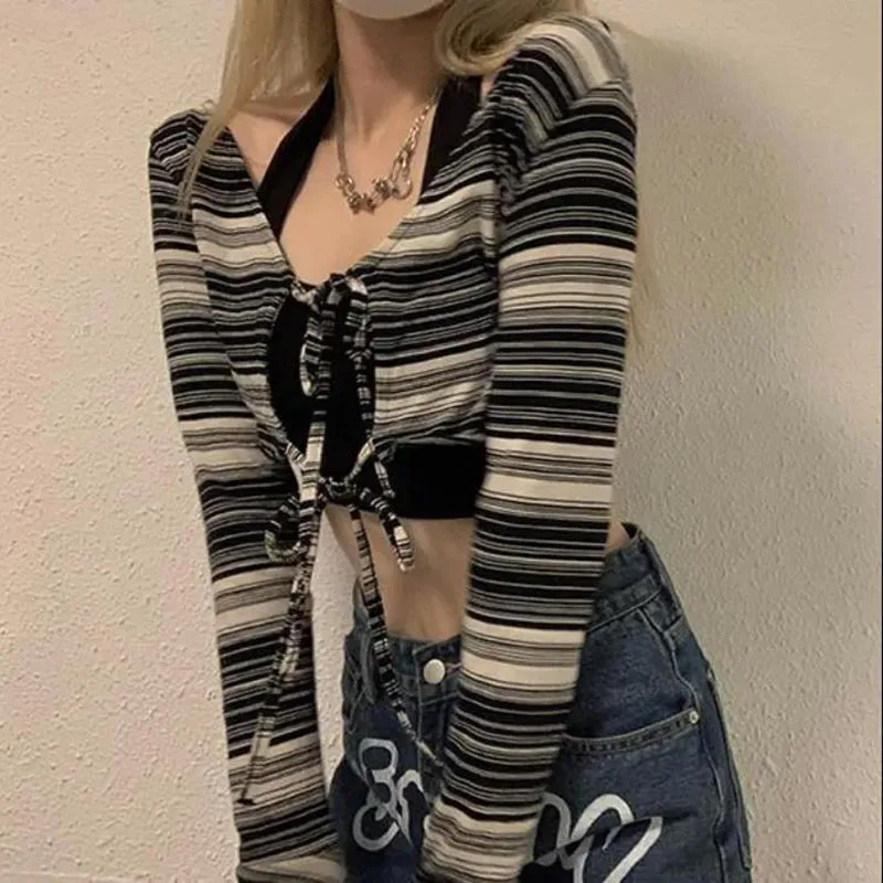 Y2k Top Women\'s T-shirt Short Slim Top Long Sleeves Black and White Stripes Irregular Cardigan Straps Reversible Drop Shipping