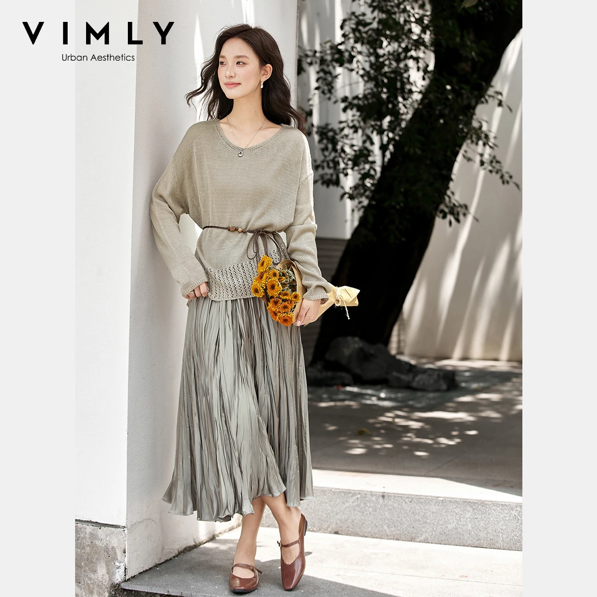 

VIMLY Green Skirt Suit Two Parts Women Autumn 2026 Holiday Elegant Hollow Out Knitted Tops Long Folds Skirts Ladies Suits 30305