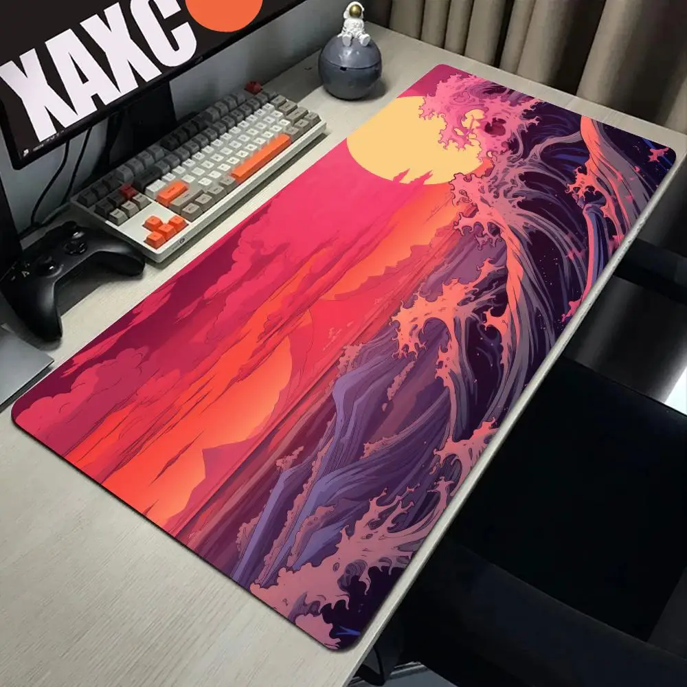 HYBXAXC Retro Vaporwave Ocean Wave Landscape Mouse Pad Desk Mouse Pad Cute HD Desk Pad Extended Gaming Keyboard Mats Large Gamer