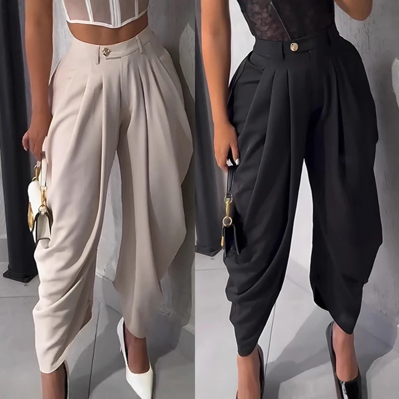 2026 Trend Mid Waist Women's Cargo Harem Sweat Pants with Ruched Design Casual Street Style Trousers Office Ladies Work Trousers