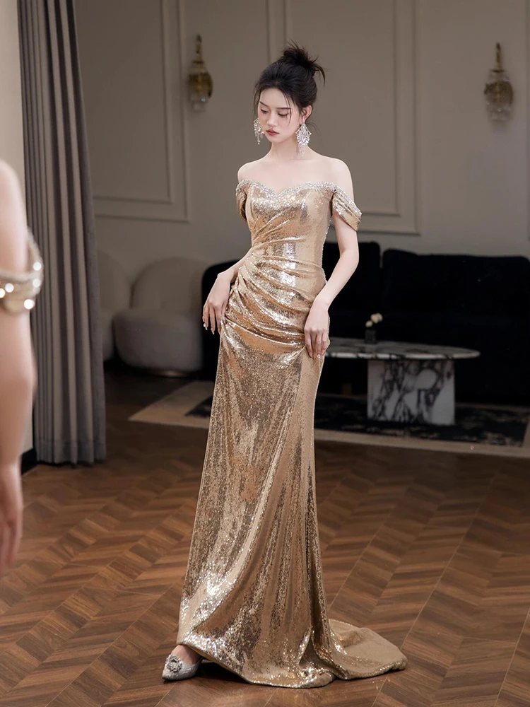 Gouden avondjurk zeemeermin pailletten bruidsmeisjesjurk off-shoulder galajurk feestjurk met veters aan de achterkant