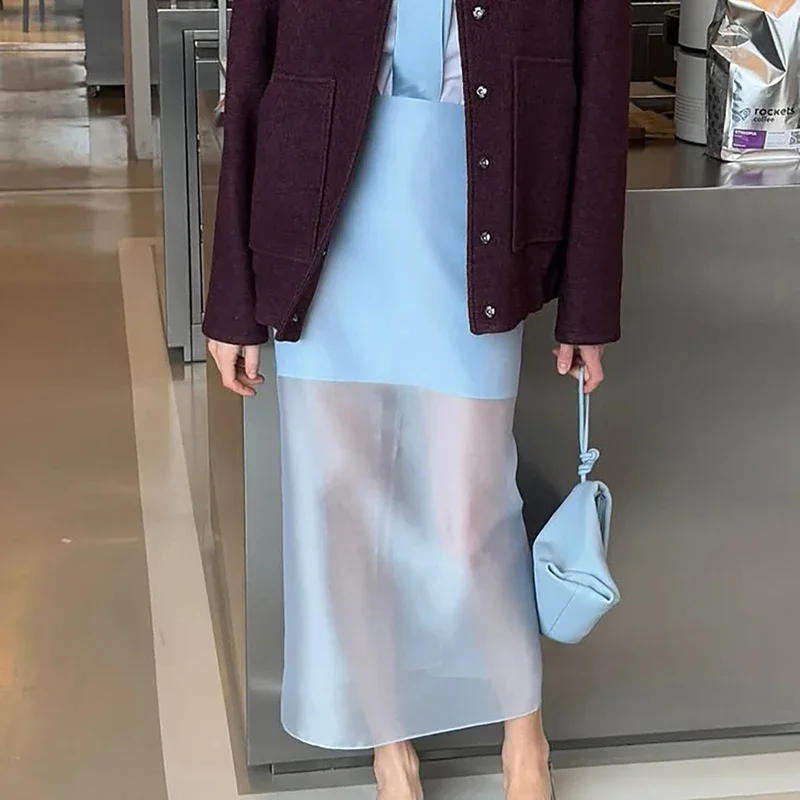 

See Through High Waist Skirt Women's Summer New Casual Commuting Sexy Skirt 2025 Fashion Lady Splice Long Straight Skirt