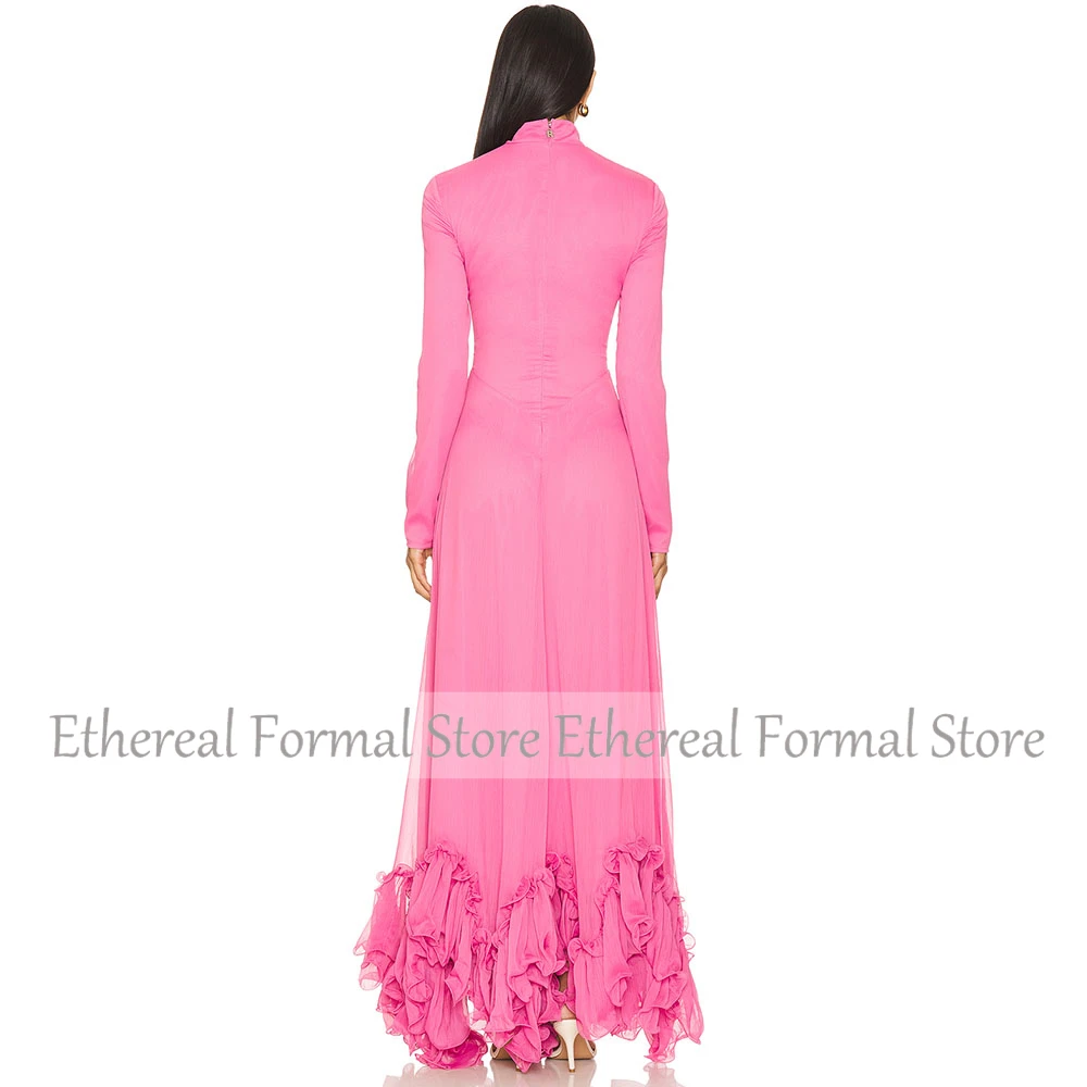 ความงาม Rose ชุดราตรียาวชั้นชีฟอง Ruffles ผู้หญิงพรหมชุดสายยาวแขน Saudi Dress