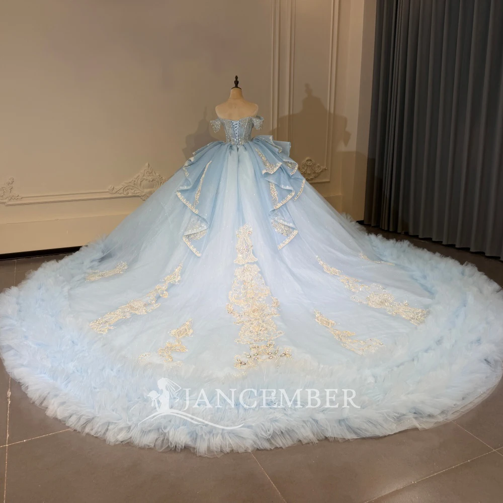Tiptop Baby Blue Ball Gown Customized Quinceanera Dresses Off Shoulder Lace Ruffled Sweep Train Scoop vestido de 15 quinceañera