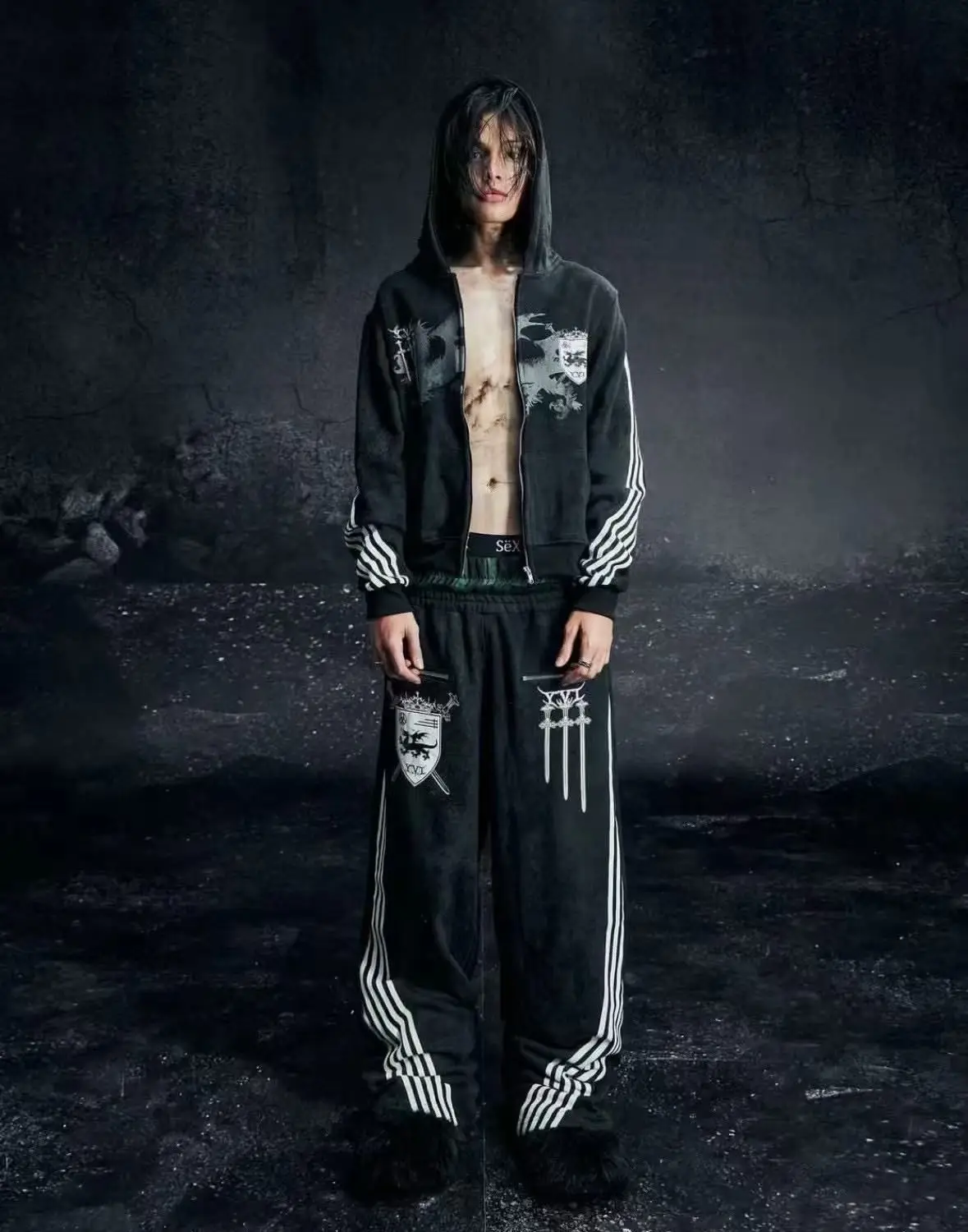American Stripe Patch Retro Double Layer Design Y2K Pants Baggy Sweatpants Men Hip Hop Gothic Elastic Waist Jogging Casual Pants