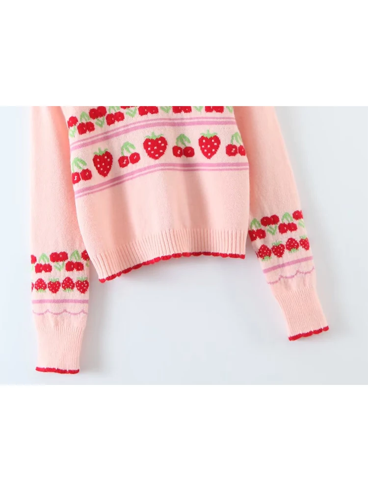 YENKYE New Fashion Women Sweet Pink Strawberry Cherry Thin Knit Sweater O Neck Long Sleeve Female Crop Pullover Autumn Tops