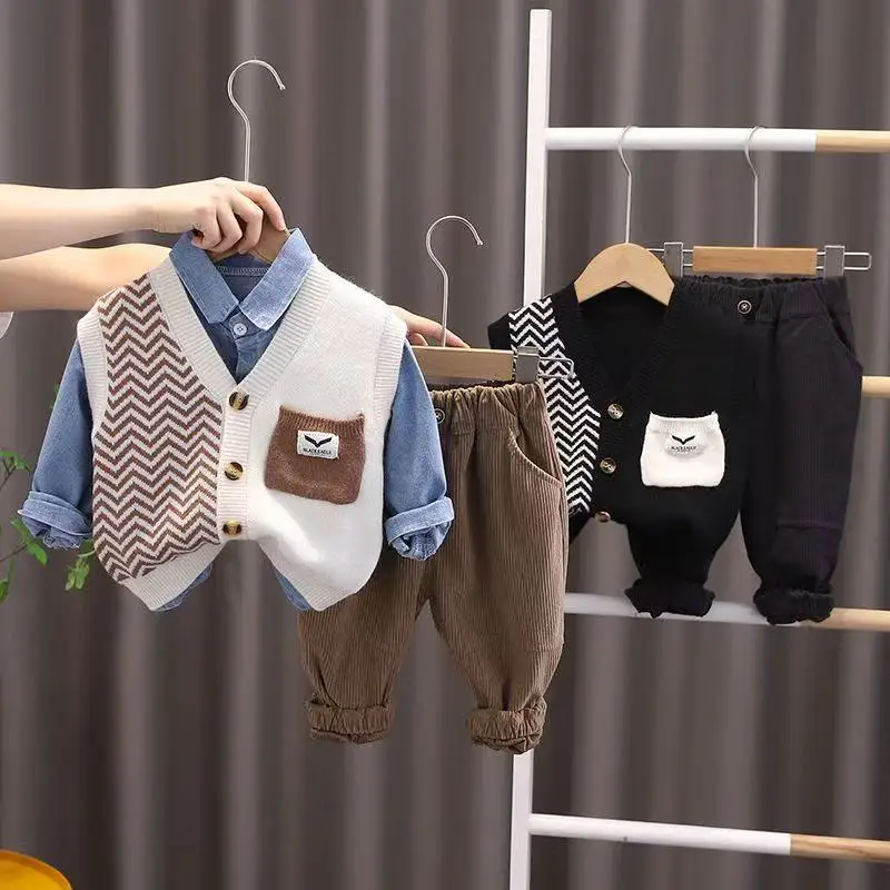 2025 New Kids Autumn Clothing Baby Boy Clothes V-neck Knitted Sleeveless Vest+Long Sleeve Denim Shirts+Pants 3Pcs Boys Outfits