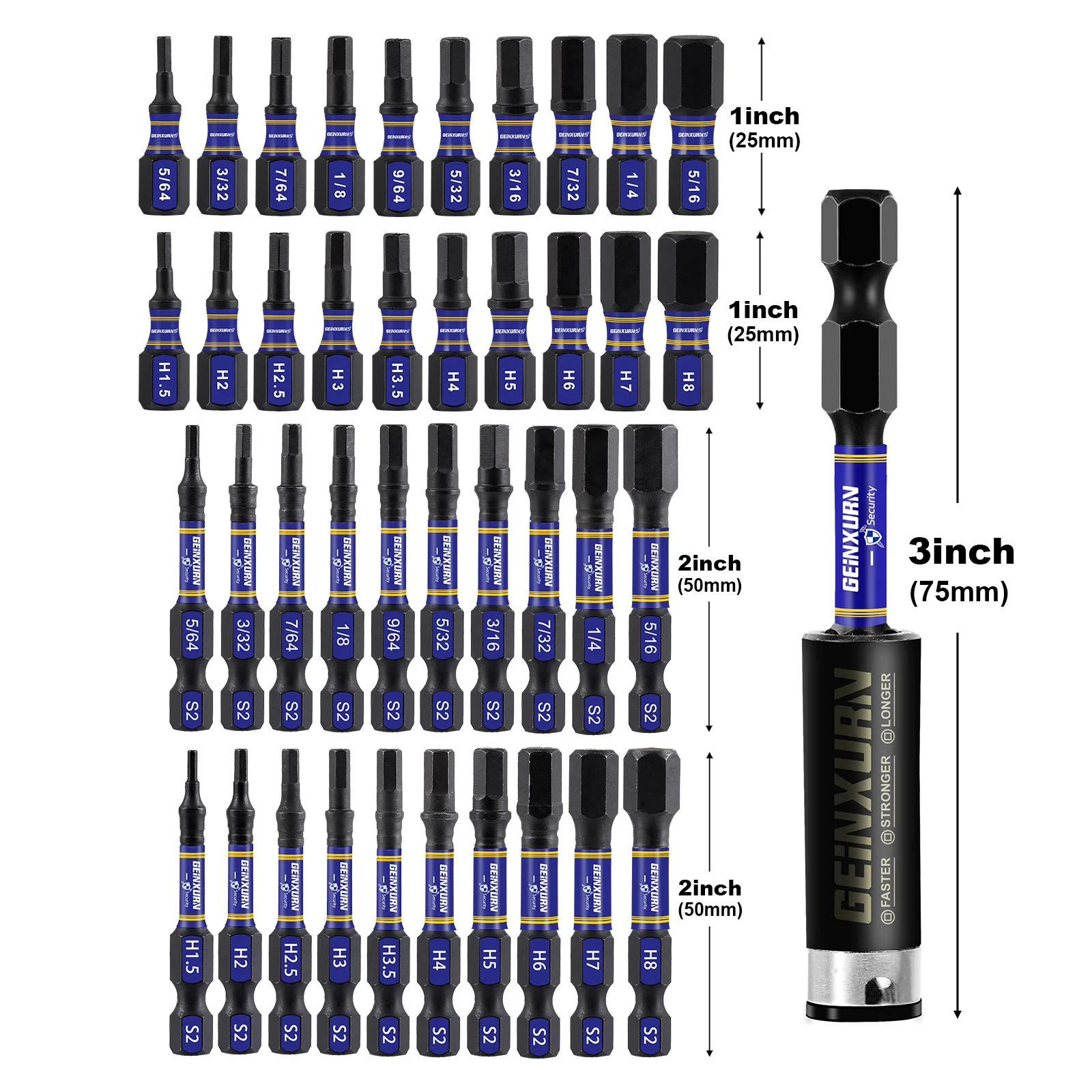 GEINXURN  Multi Hex Head (Metric&SAE) Insert Bits Set, S2 Steel Hex Screwdriver Bit set with Base